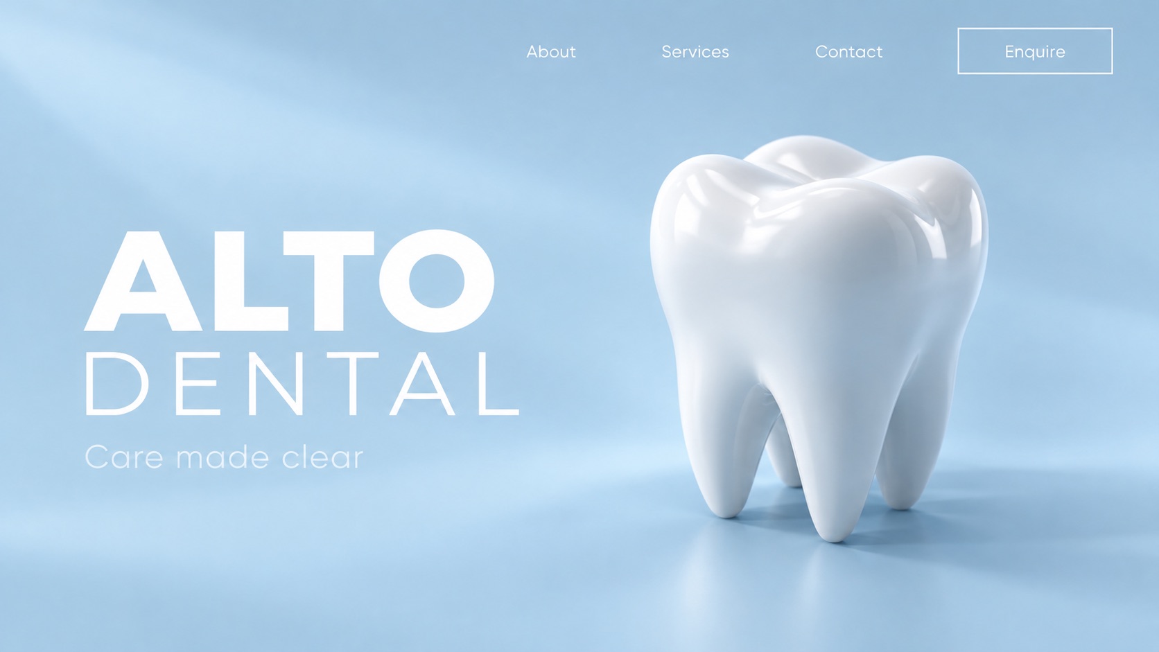 Fictional dental website concept with an oversized white tooth on a pale blue background