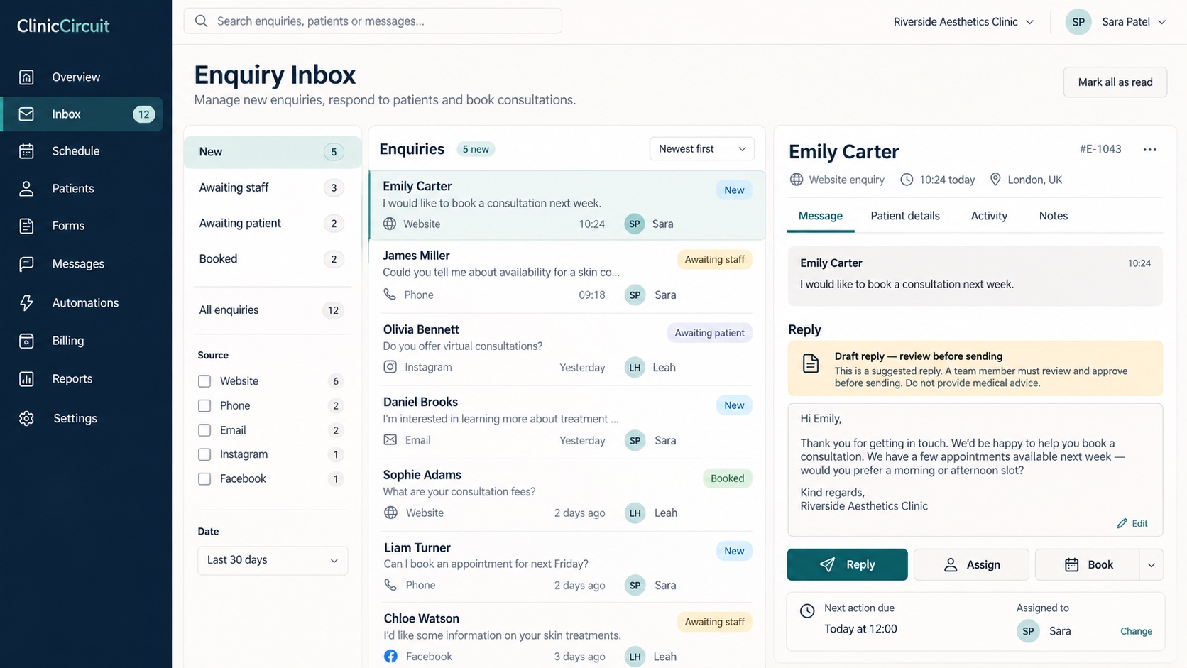 Fictional clinic CRM enquiry inbox concept with staff ownership and a draft reply